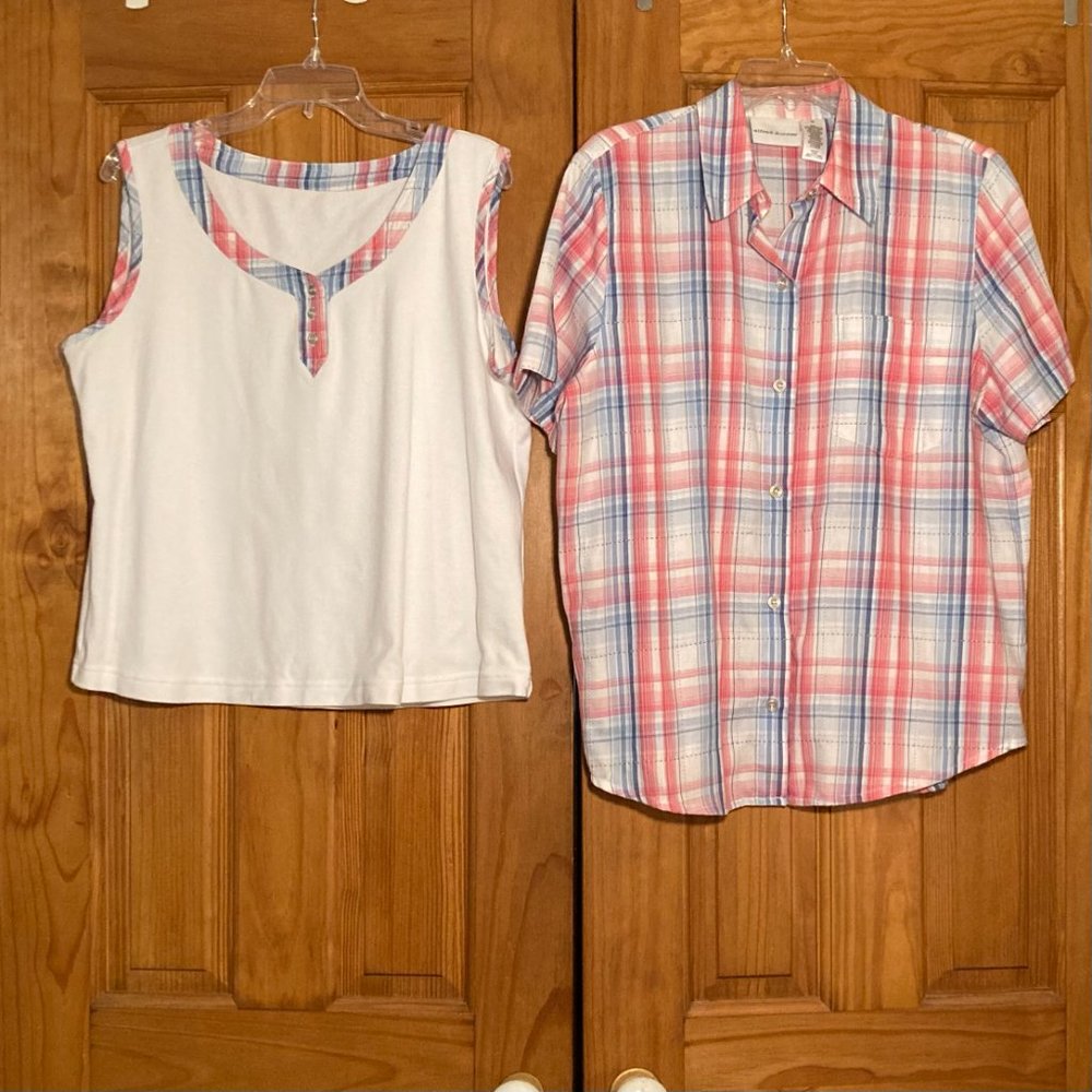NWOT Alfred Dunner Vintage 90s Blouse Sleeveless Top Set Plaid Pink Blue Size 14